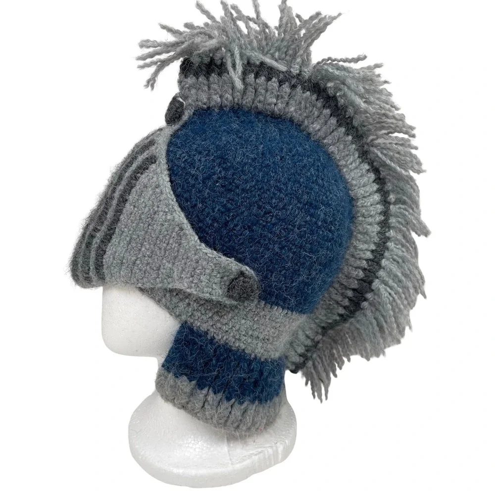 Garnet Hill Kids Knight Helmet Beanie Blue Grey Crochet Spartan Fringe Hat